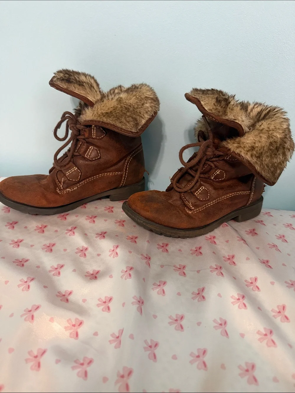 Girls Brown Lace-Up Faux-Fur Ankle Boots
